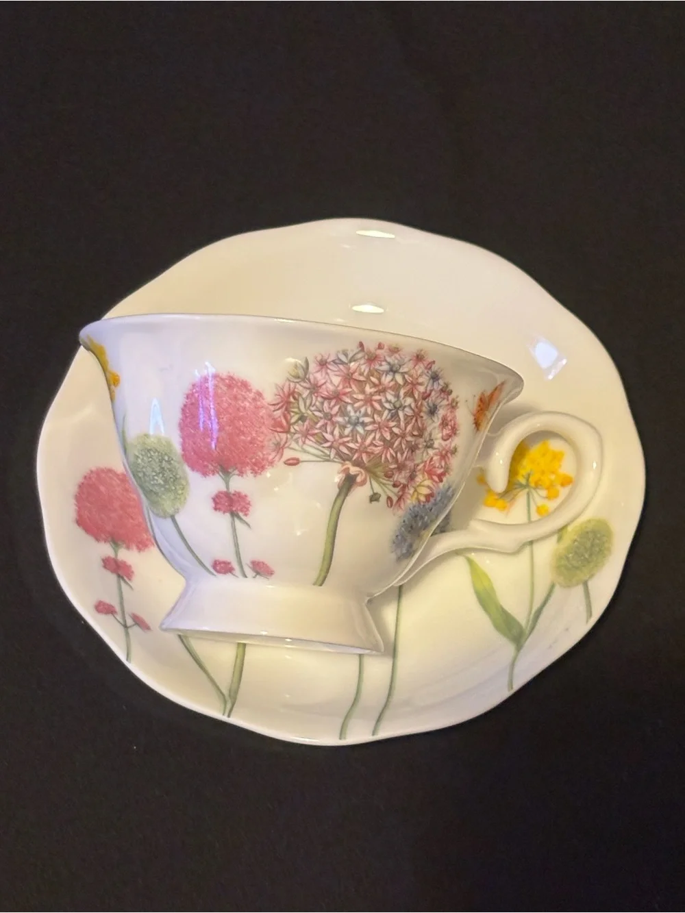 Stechol Bone China Snowball Teacup and Saucer Floral Design
